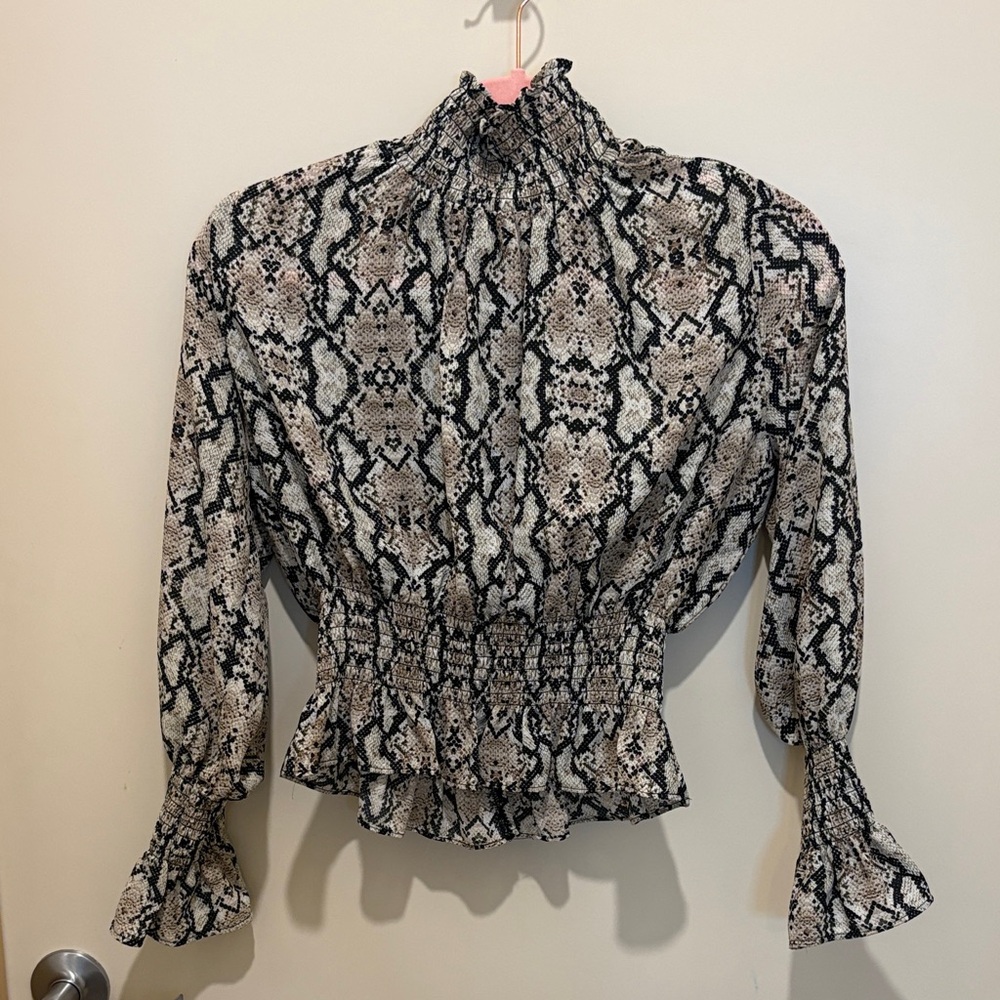 Smocked Waist Snake Print Long Sleeve Top